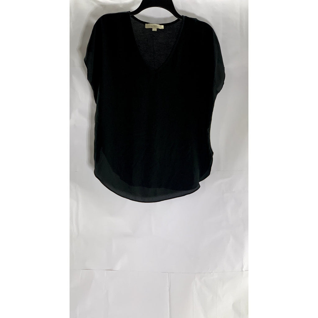 LOFT Women's Black Solid Sheer V-Neck Short Sleeve Round Hem Top SZ S