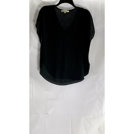 LOFT Women's Black Solid Sheer V-Neck Short Sleeve Round Hem Top SZ S