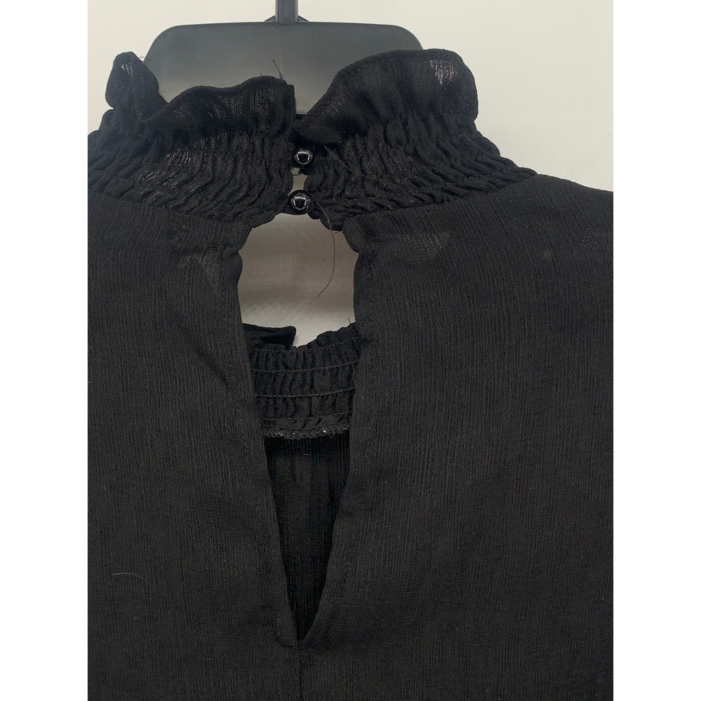 UNBRANDED Women's Black Sheer Mock-Neck Long Bell Sleeve Top SZ S