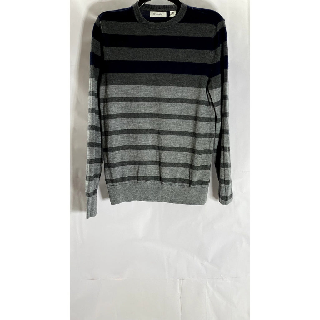CALVIN KLEIN Men's Gray/Blue Wool-Blend Striped Colorblock Crewneck Sweater SZ M