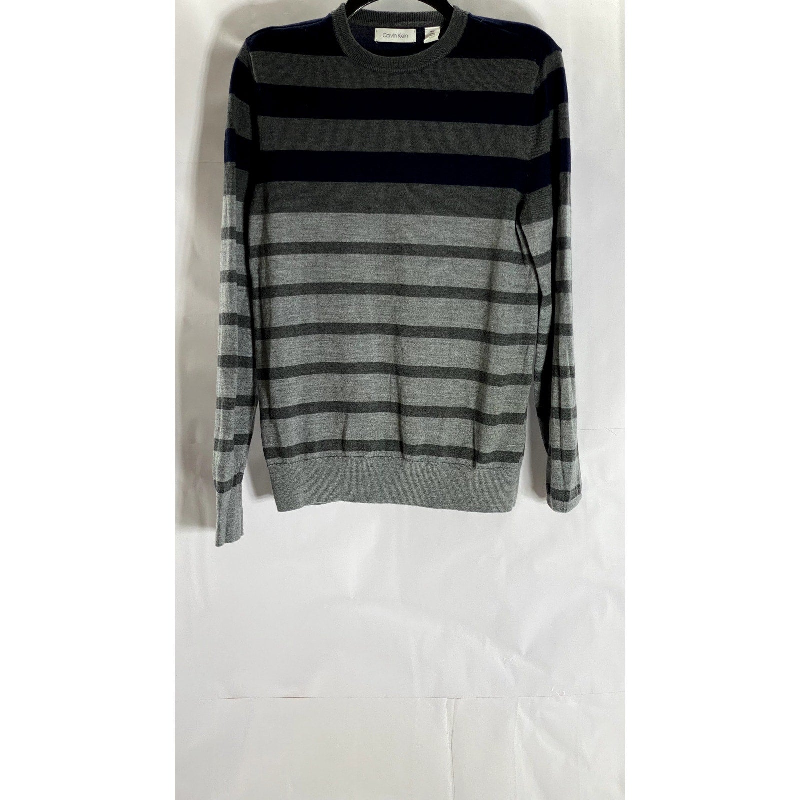 CALVIN KLEIN Men's Gray/Blue Wool-Blend Striped Colorblock Crewneck Sweater SZ M