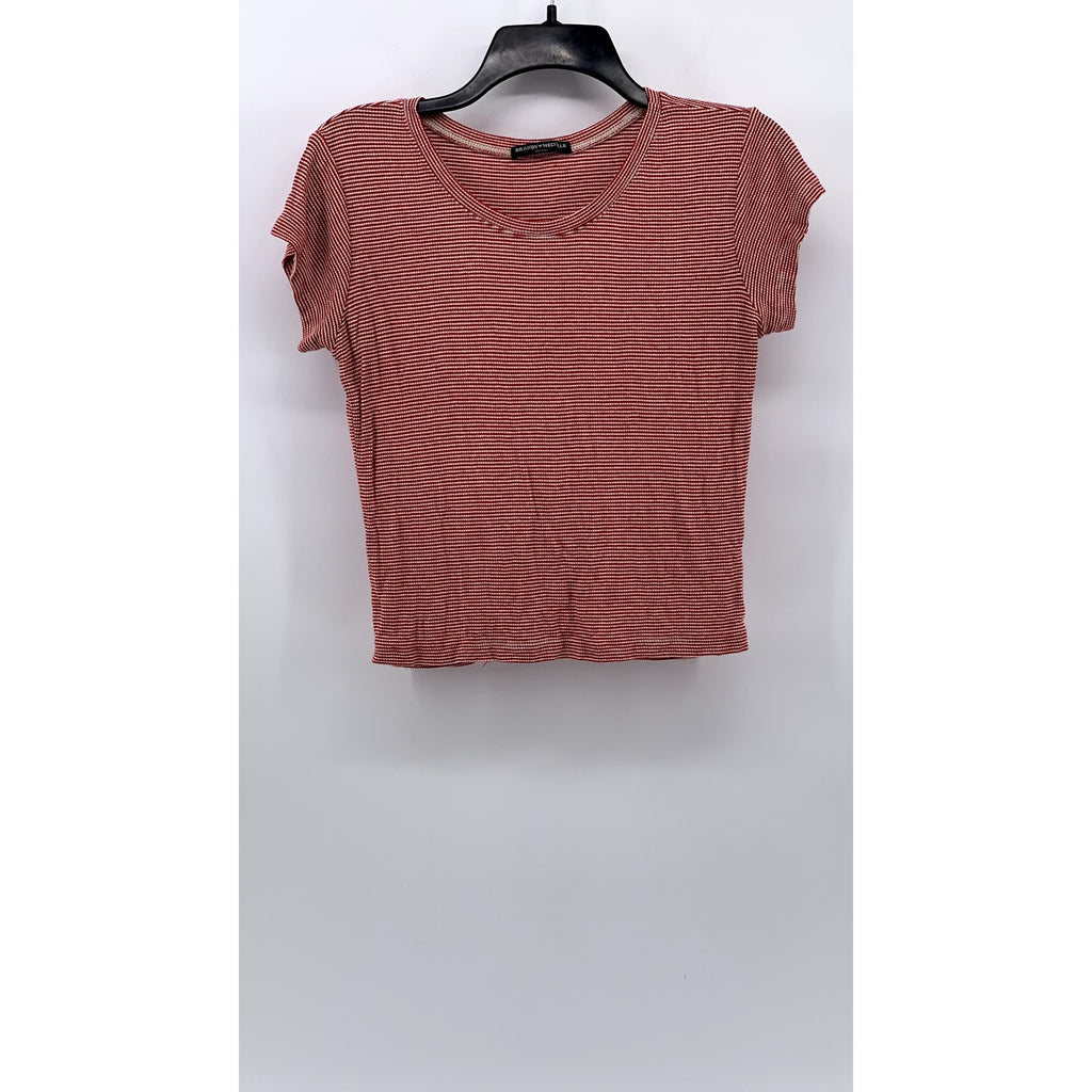 BRANDY MELVILLE Women's Red Ribbed Striped Crewneck Short Sleeve Top SZ OS