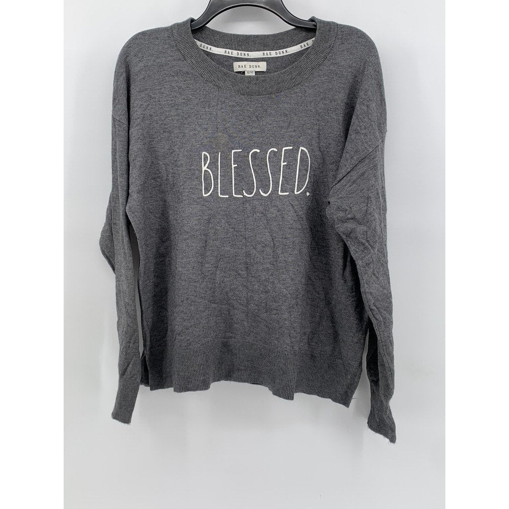 RAE DUNN Women's Raglan Long Sleeve "BLESSED" Gray Pullover Sweatshirt SZ XL