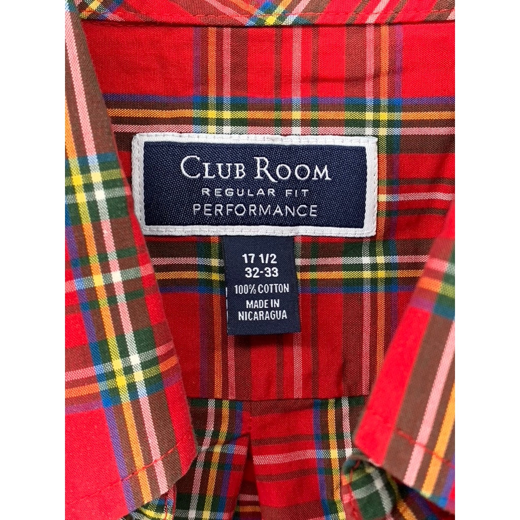 CLUB ROOM Men's Red-Green Plaid Regular-Fit Button-Up Long Sleeve Shirt SZ 17.5