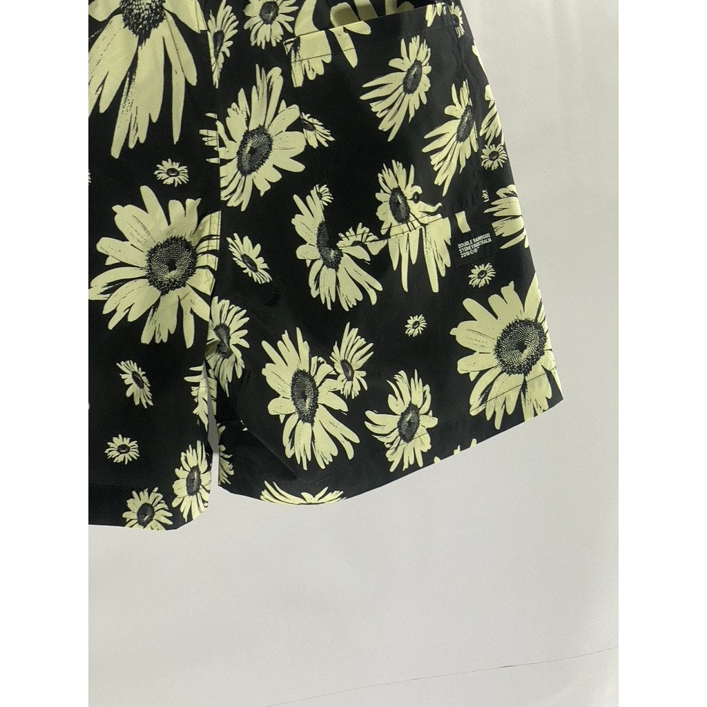 DOUBLE RAINBOUU Women's Black-Beige Large Daisy Print Elastic-Waist Shorts SZ S