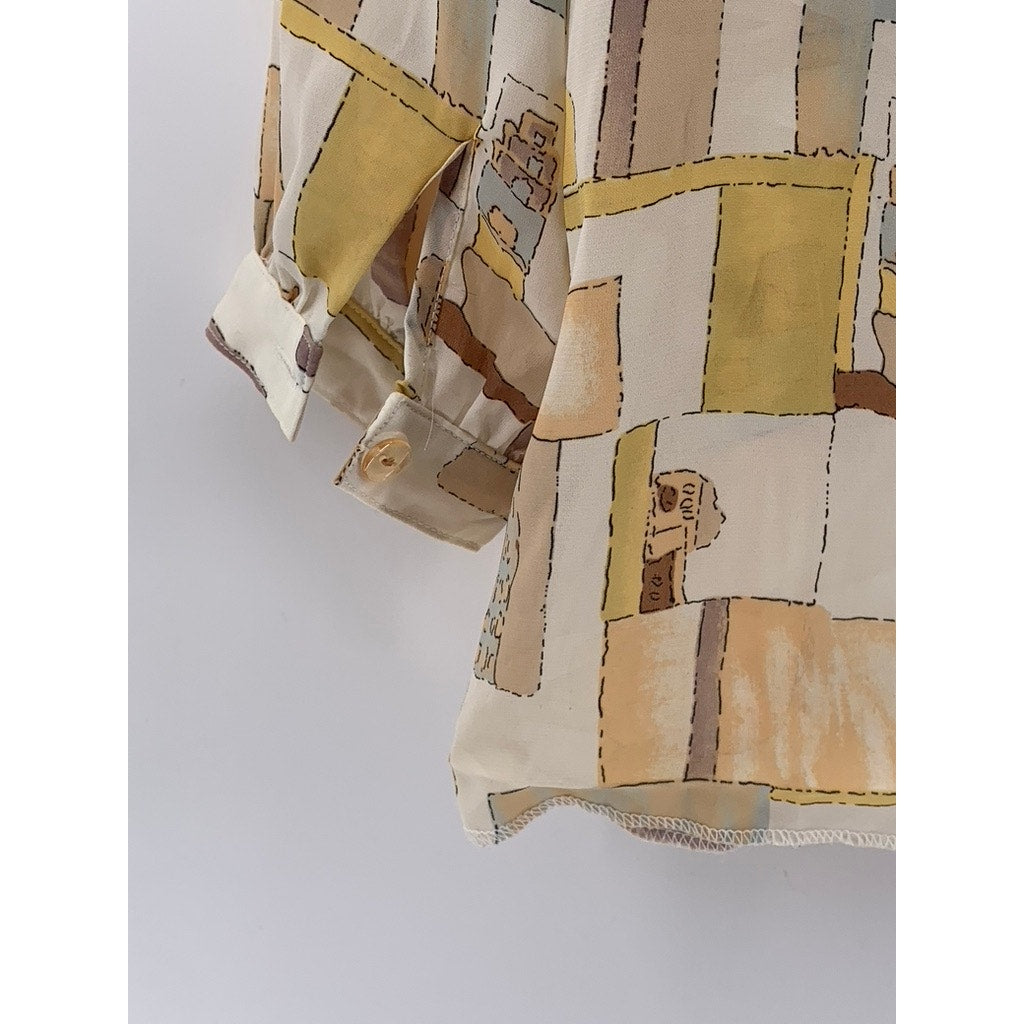 CA MEE Women's Vintage 70's Tan-Beige Square Print Button-Up Long Sleeve Top SZM