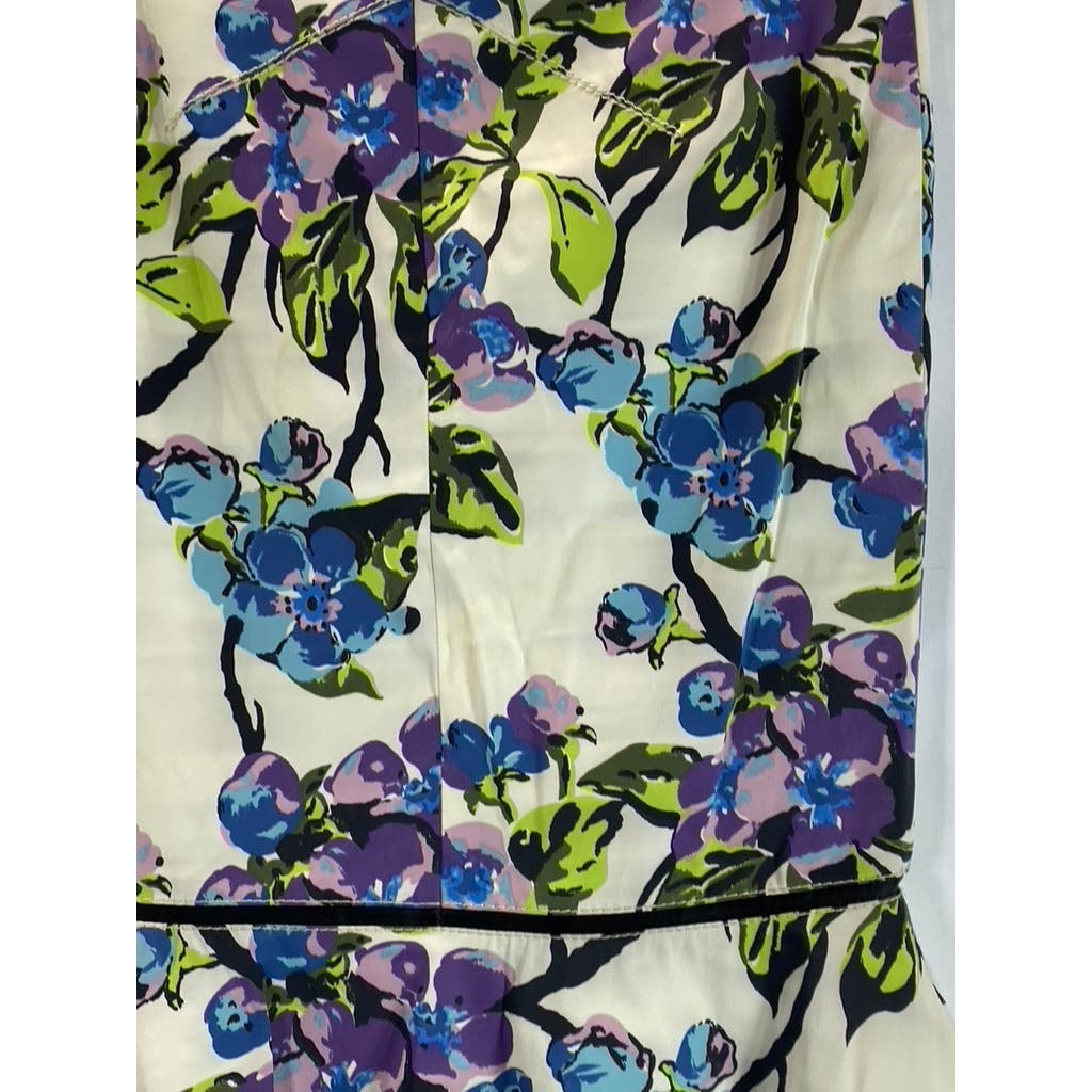 KAREN MILLEN Women's White/Purple Floral Ruffle-Hem Knee Length Skirt SZ 4