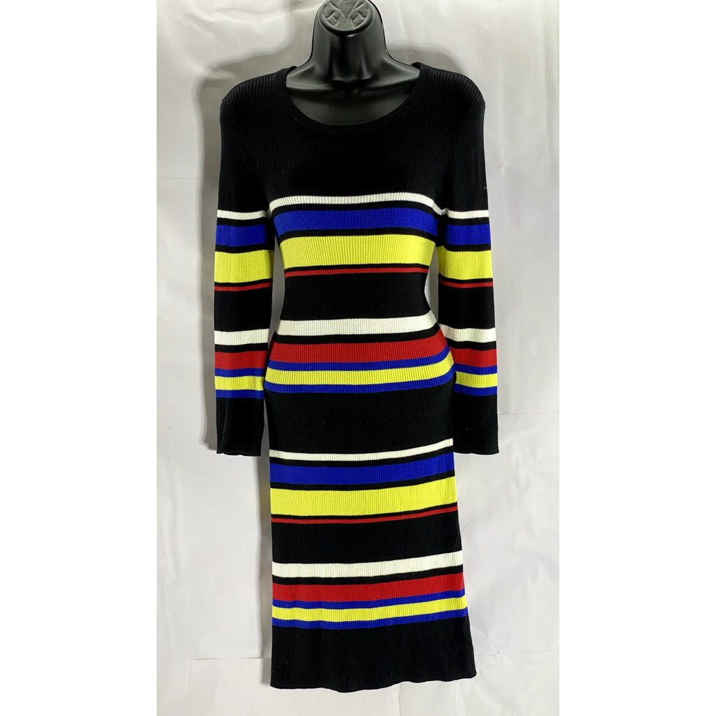 SANCTUARY Women's Black/Multi Striped Crewneck 3/4 Sleeve Knit Mini Dress SZ M