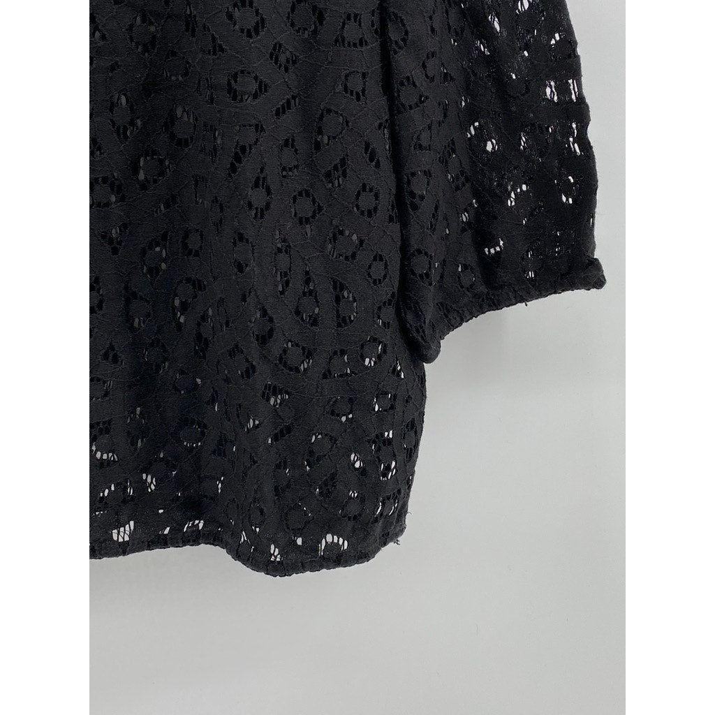 LOFT Women's Black Lace Relaxed Fit Boat-Neck Long Sleeve Top SZ M