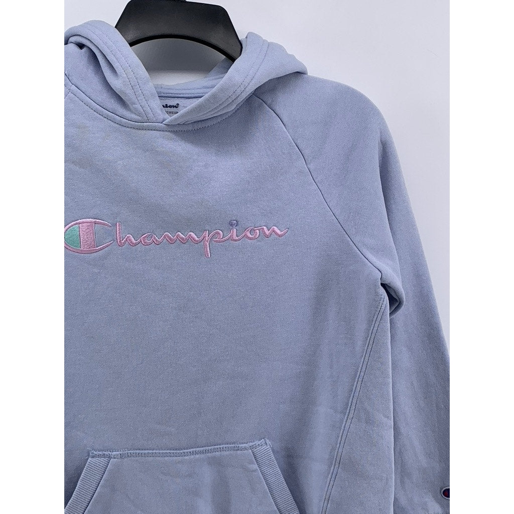 CHAMPION Girls Light Blue-Pink Script Logo Hoodie SZ XL