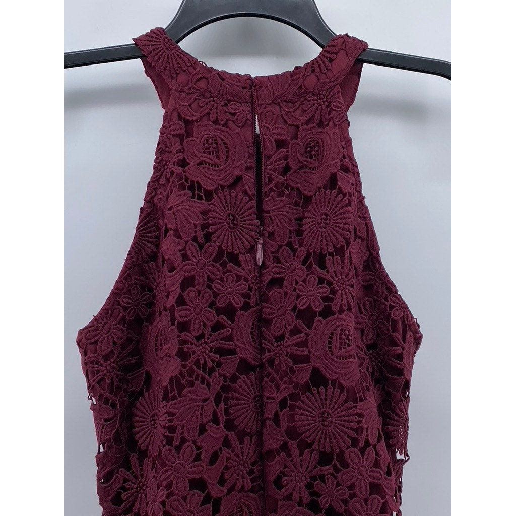 LULUS Women's Burgundy High-Neck Lace Sleeveless Mini Dress SZ M
