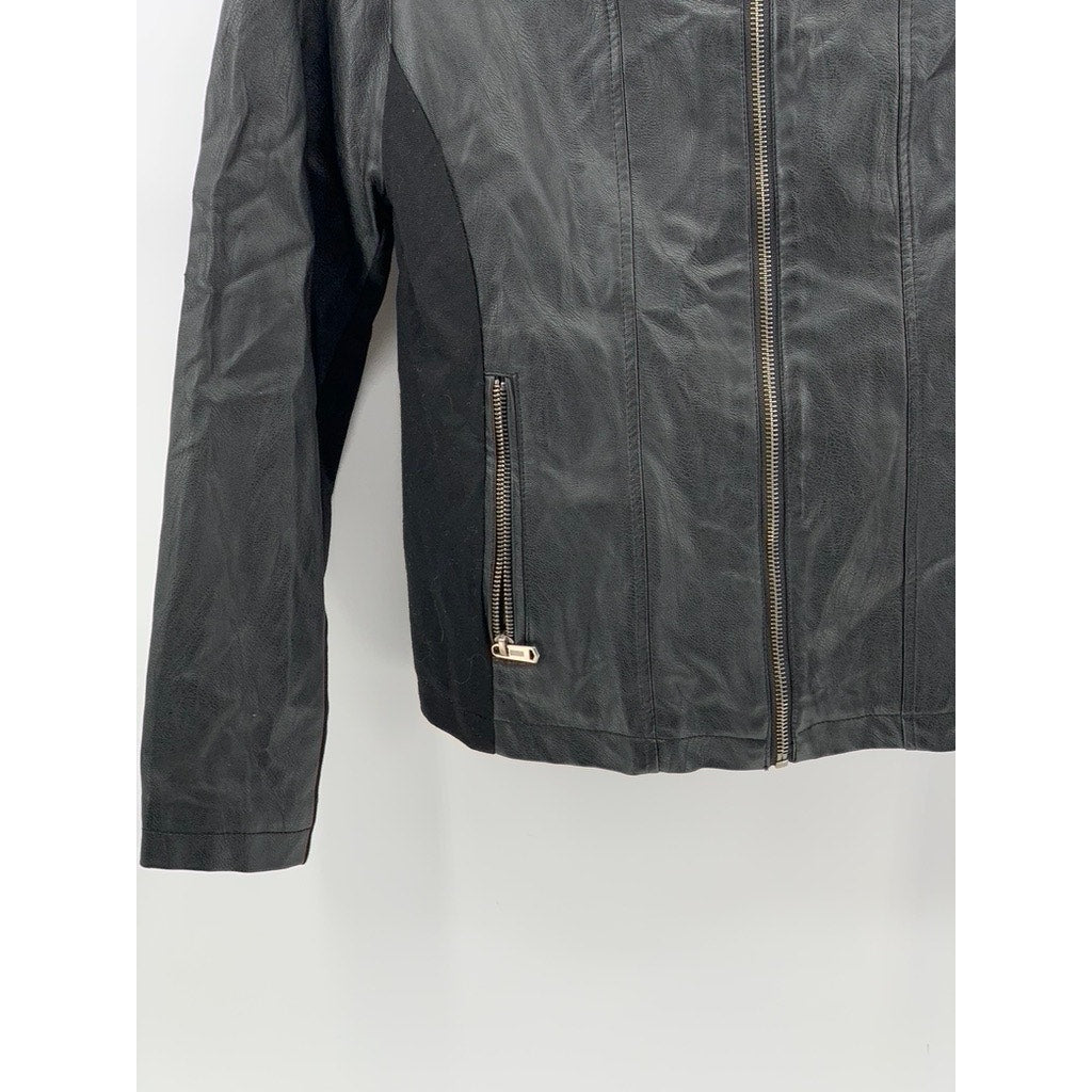 WS2 COLLECTION Women's Black Faux-Leather Zip-Up Long Sleeve Jacket SZ M