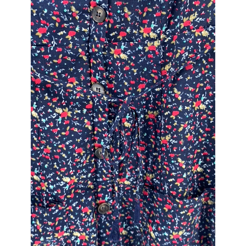 ESSUE Women's Navy Floral Elbow Sleeve V-Neck Tie-Waist A-line Dress SZ S