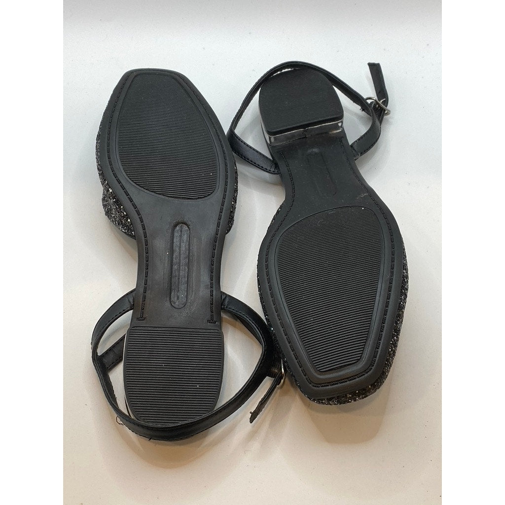 D'CALETA Women's Black Sequin Embellished Closed Toe Ankle Strap Flats SZ 9.5