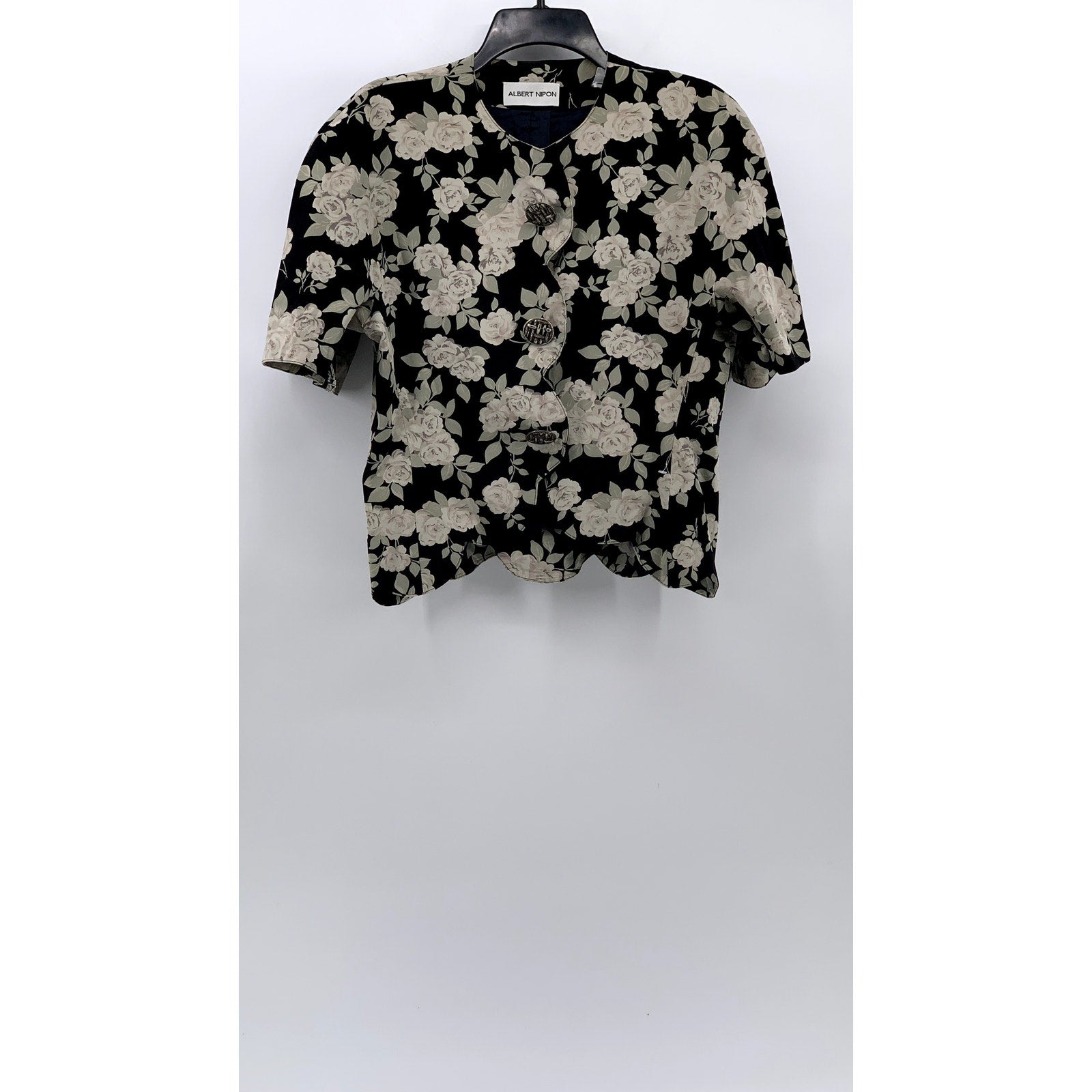 ALBERT NIPON Women's Vintage Black-Beige Floral Button-Up Short Sleeve Top SZ 8