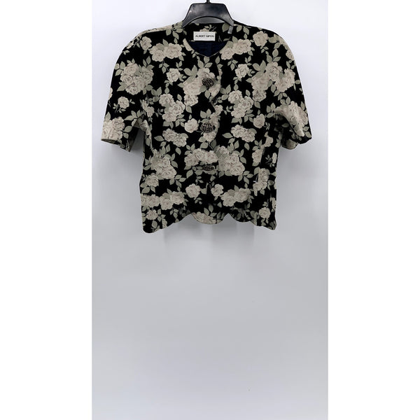 ALBERT NIPON Women's Vintage Black-Beige Floral Button-Up Short Sleeve Top SZ 8