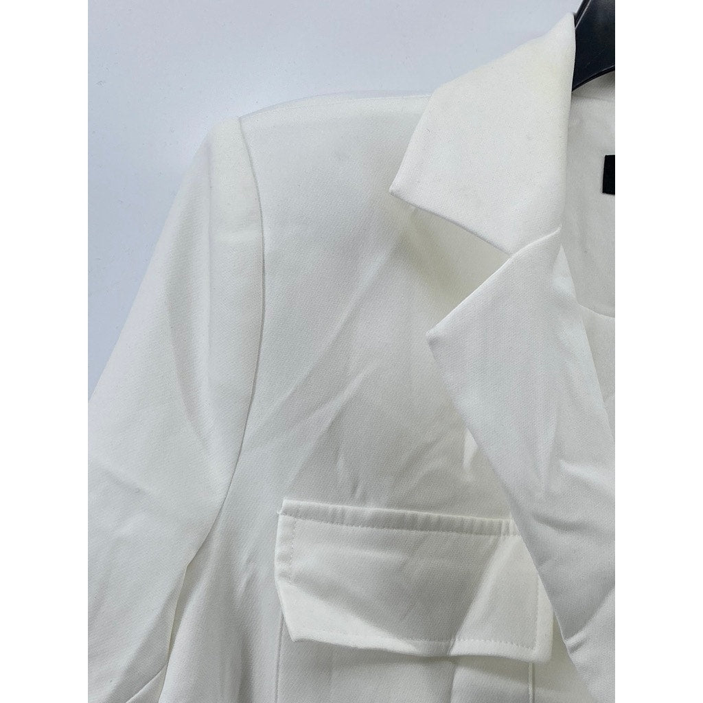 LIONESS Women's White Button-Up Long Sleeve Notch Collar Belted Mini Blazer SZ M