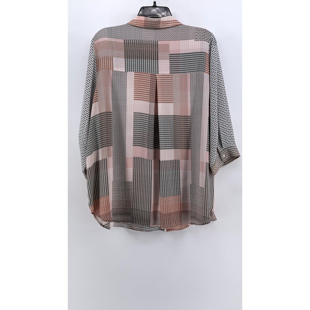 ROSE + OLIVE Women's Plus Pink-Gray Geo Print Button-Up 3/4 Sleeve Top SZ 1X