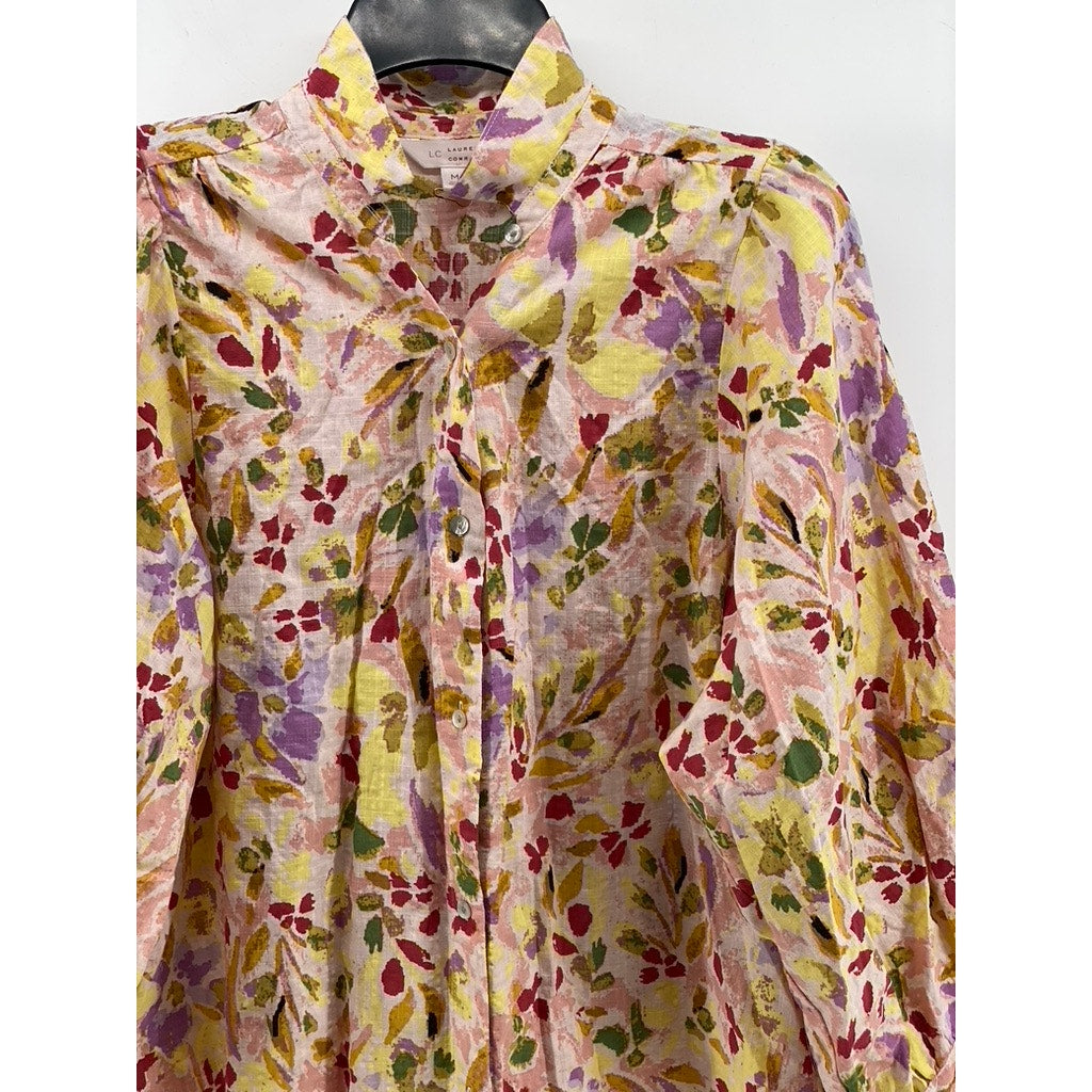 LC LAUREN CONRAD Women's Beige Floral Mock-Neck Button-Up Long Sleeve Top SZ M