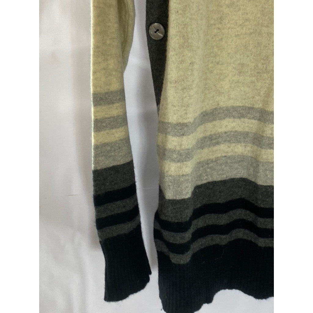 KOKUN Women's Tan/Black Cashmere Striped Colorblock  Side-Button Sweater SZ M