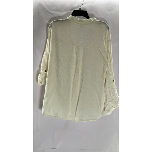 H&M Women's Cream V-Neck Long Roll-Tab Sleeve Linen Blend Top SZ L