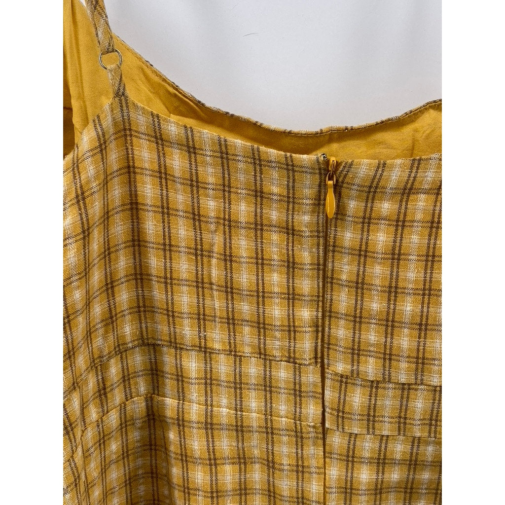 URBAN OUTFITTER Women's Mustard Yellow Emma Plaid Straight-Neck Mini Dress SZ 4