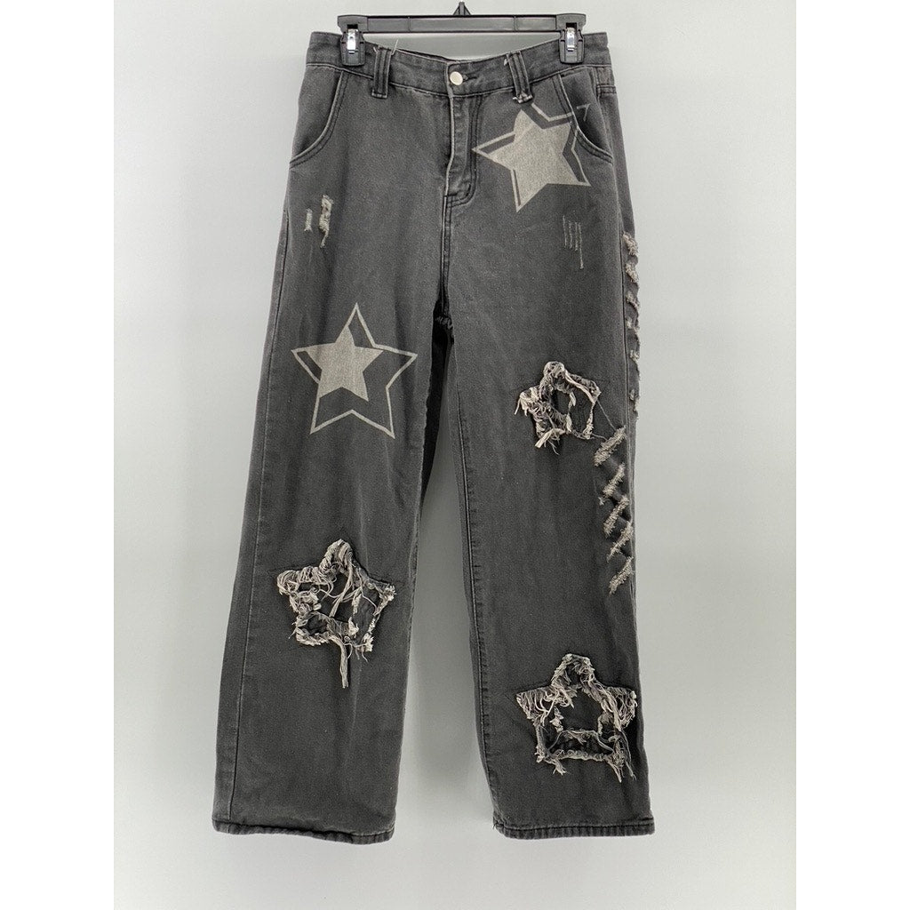 UNBRANDED Women's Washed Black Star Denim Y2K Baggy 90's Grunge Jeans SZ L