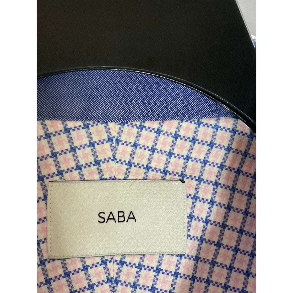 SABA Men's Blue-Pink Grid Print Classic-Fit Button-Up Long Sleeve Shirt SZ M