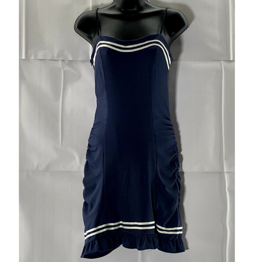 UNBRANDED Women's Navy/White Striped Ribbed Ruffle-Hem Ruched Mini Dress SZ 1