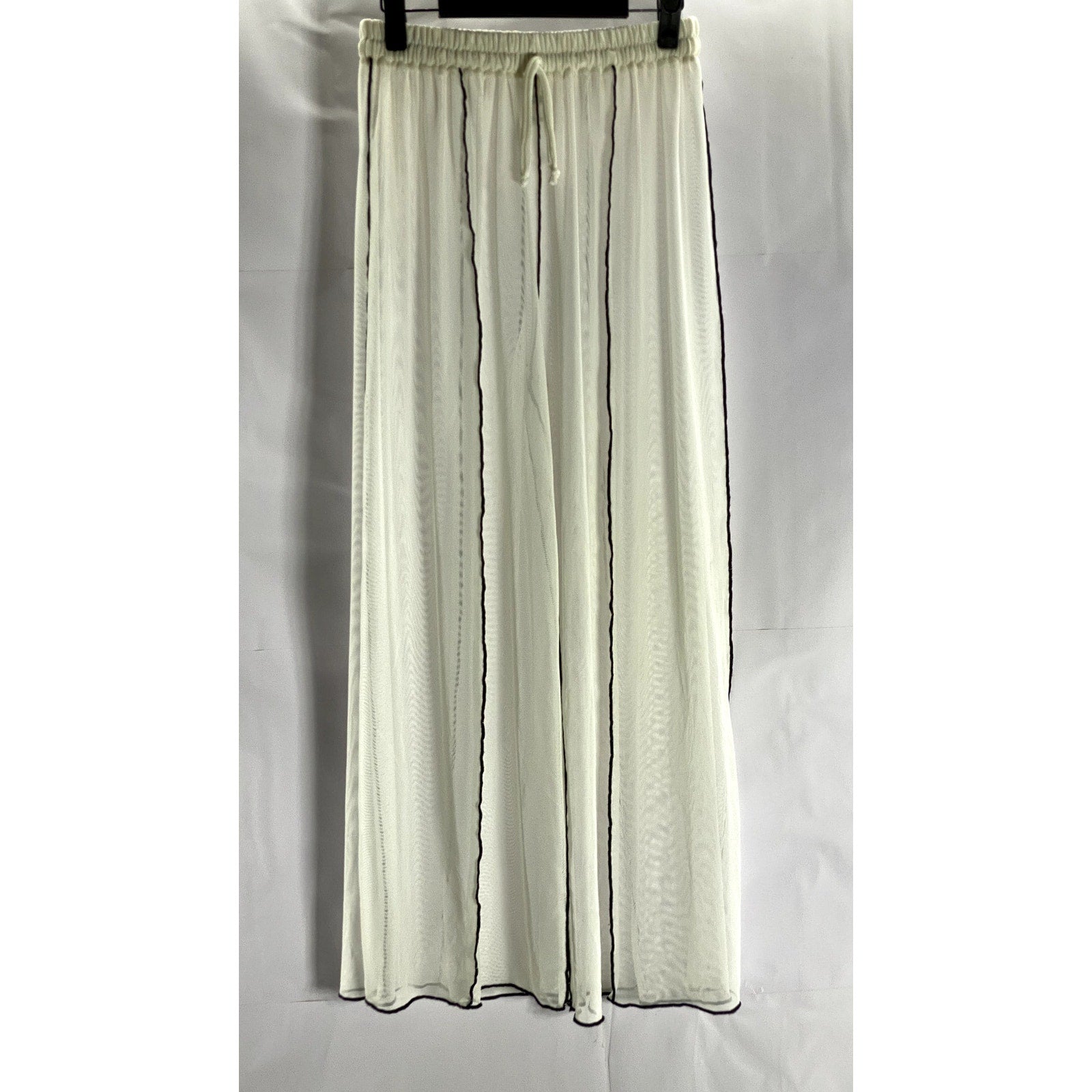 MOSSKAH Women's White Cream/Black Drawstring Striped Mesh Pant Cover Up SZ S