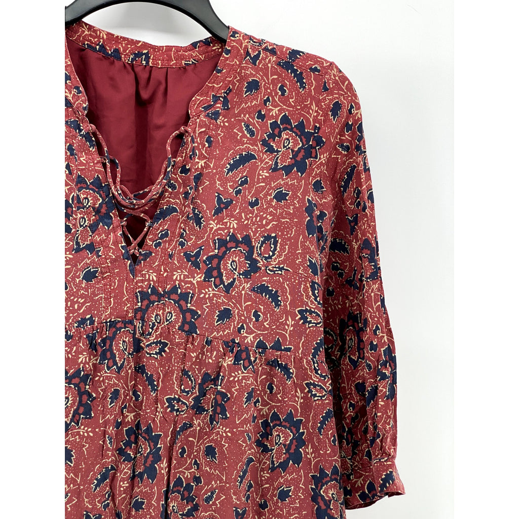 MADEWELL Women's Red Floral Silk Lace-Up V-Neck Long Sleeve A-Line Dress SZ S