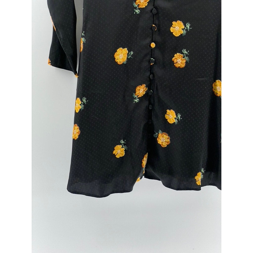 MADEWELL Women's Black-Yellow Lilyblossom Button-Front Long Sleeve Dress SZ 00