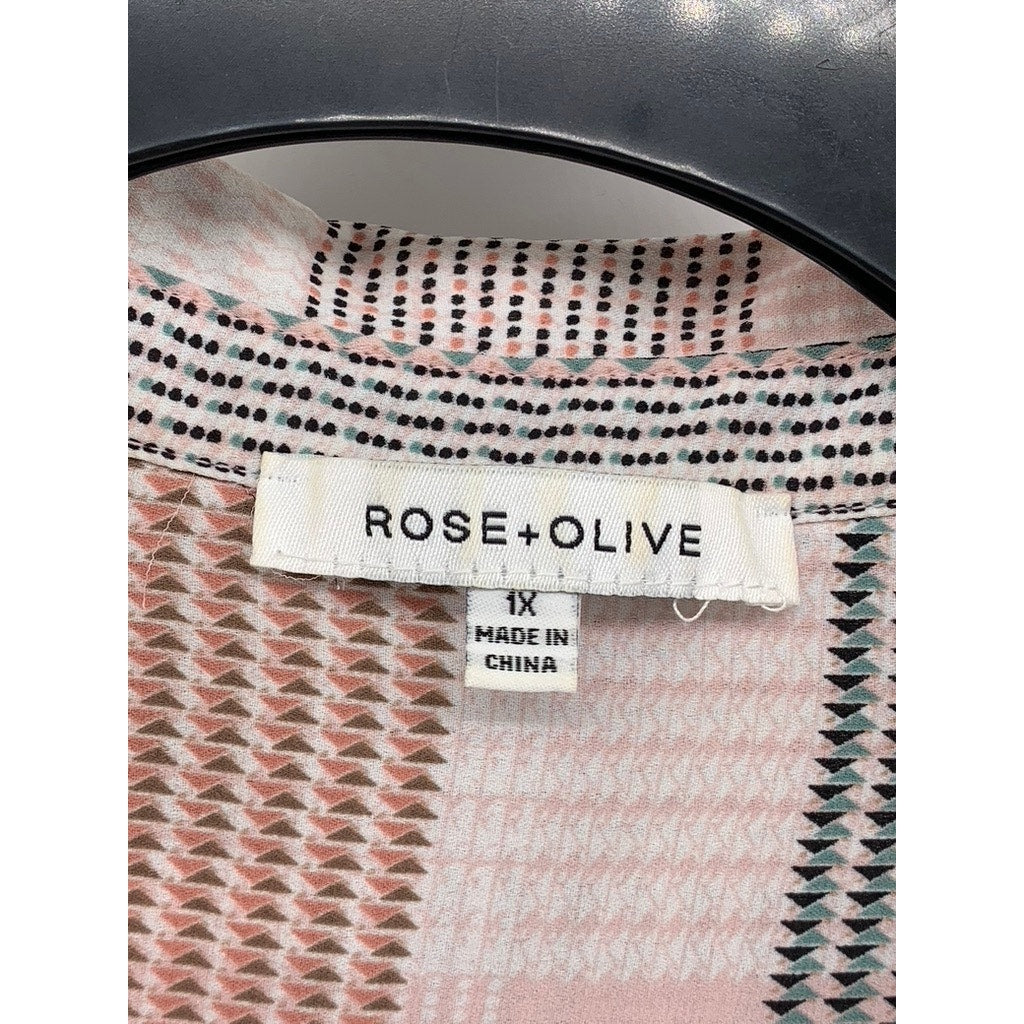 ROSE + OLIVE Women's Plus Pink-Gray Geo Print Button-Up 3/4 Sleeve Top SZ 1X