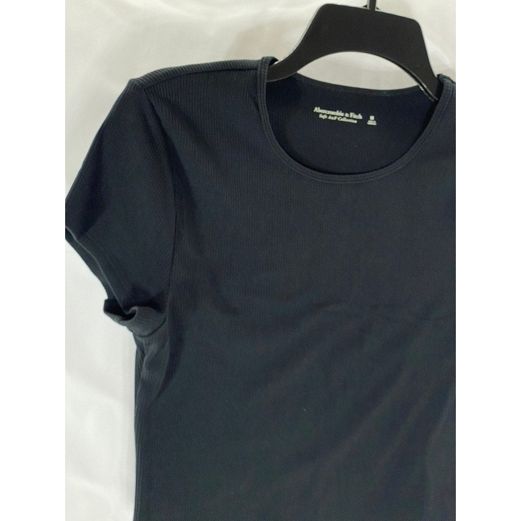 ABERCROMBIE & FITCH Women's Black Ribbed Crewneck Short Sleeve Cropped Top SZ M