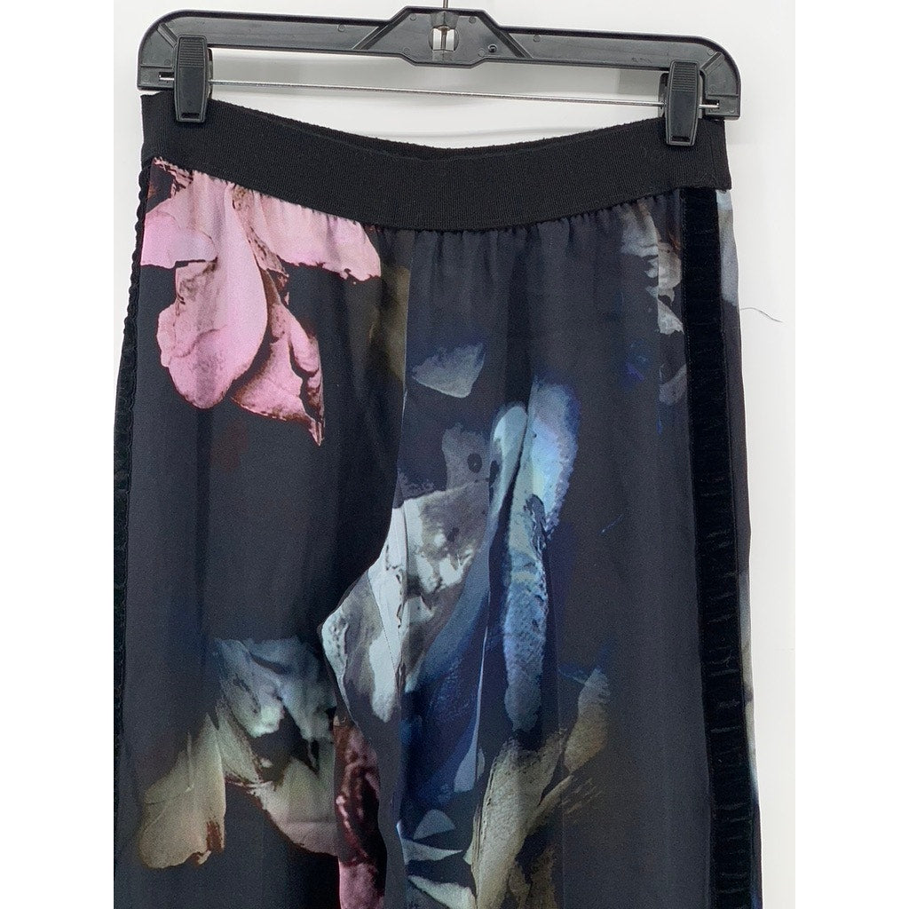 FUZZI Women's Black Floral Suede Stripe Wide-Leg Pants SZ 42(US/M)