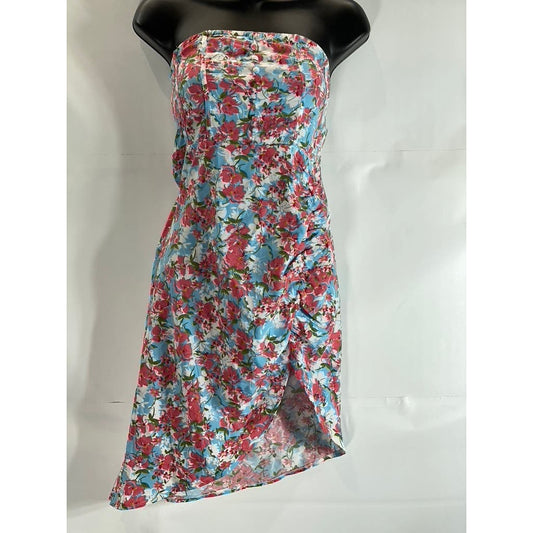 CIDER Women's Pink/Blue Floral Corset Strapless Asymmetrical-Hem Dress SZ S(US4)