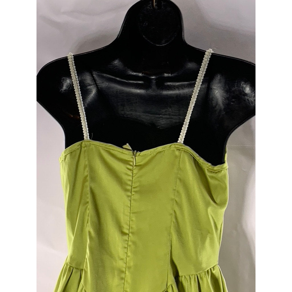 UNBRANDED Women's Lime Green Straight-Neck Spaghetti Strap Ruffle Mini Dress SZS