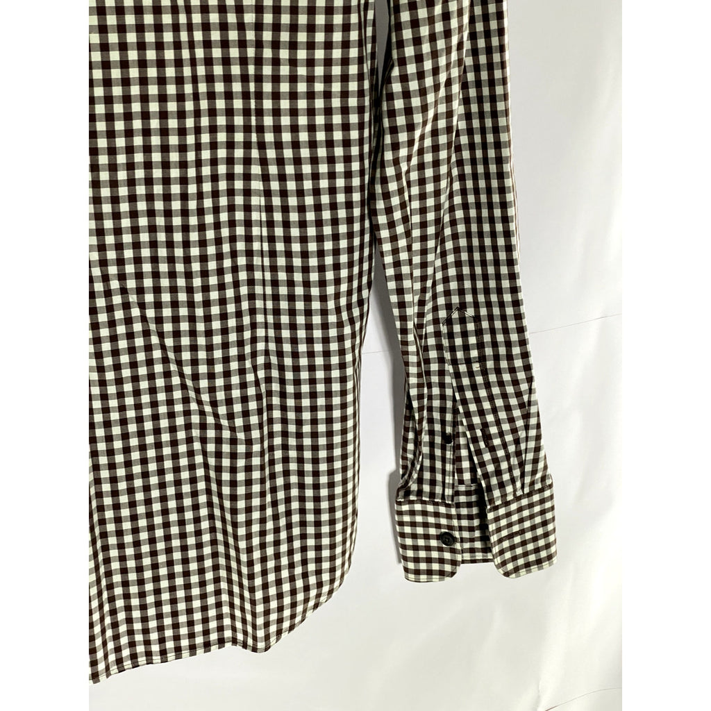 ZARA Men's Brown-White Gingham Print Slim-Fit Button-Up Long Sleeve Shirt SZ M