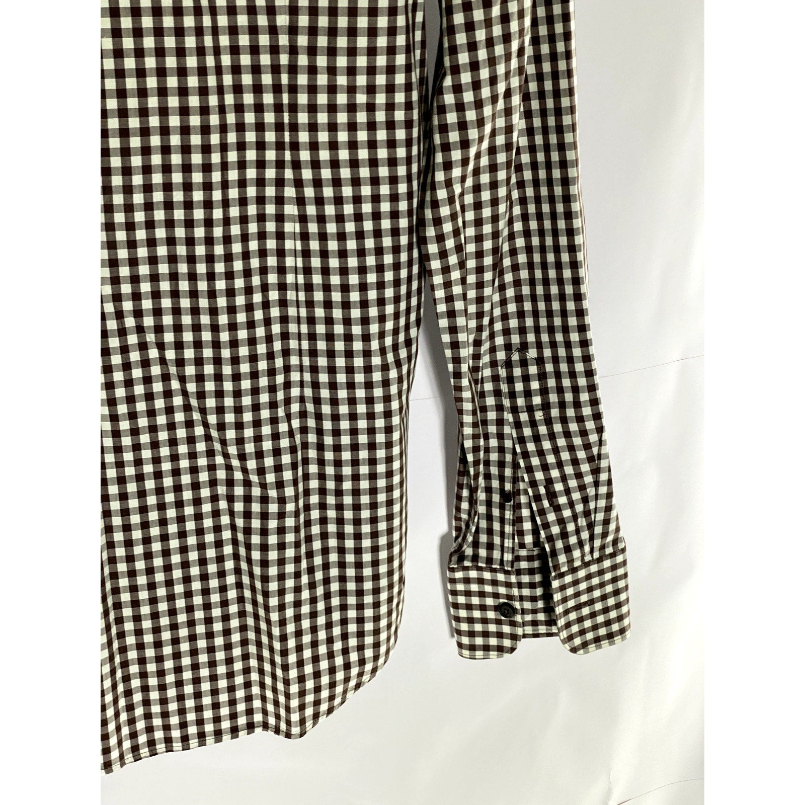 ZARA Men's Brown-White Gingham Print Slim-Fit Button-Up Long Sleeve Shirt SZ M