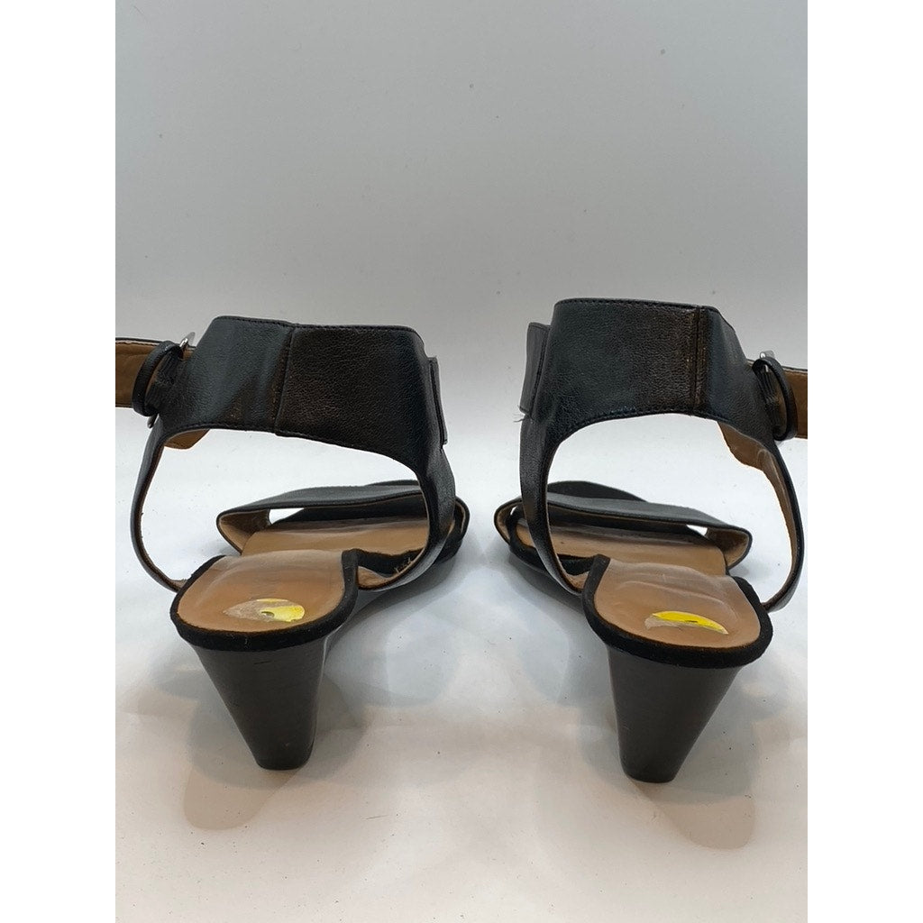 NINE WEST Women's Black Pepperman Round-Toe Ankle-Strap Wedge Sandals SZ 9