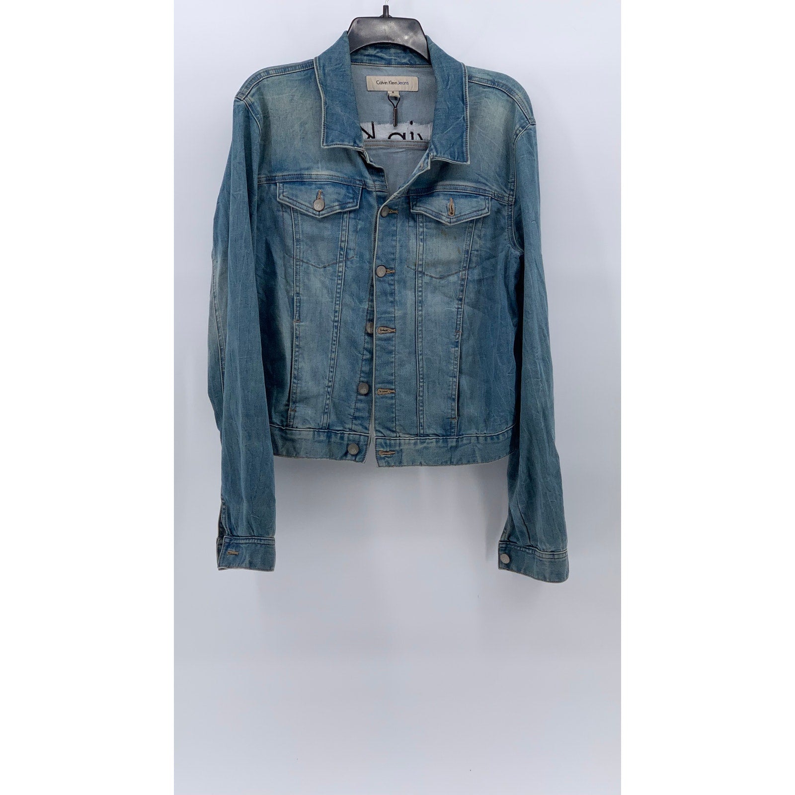 CALVIN KLEIN Women's Blue Denim Logo Button-Up Long Sleeve Trucker Jacket SZ M