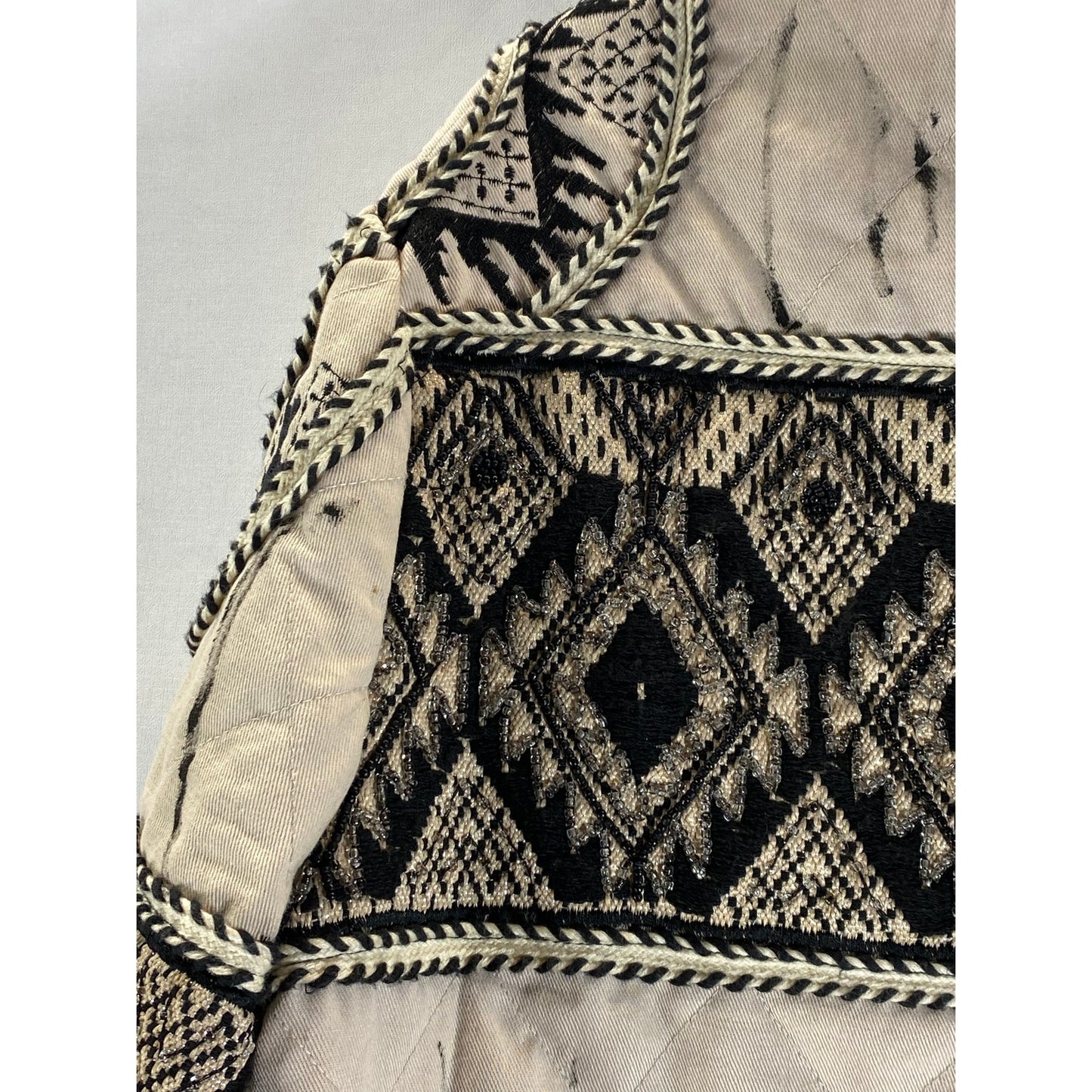 ALPHAMOMENT Women's Black/Beige Embroidered Printed Zip-Up Jacket SZ 38(S)