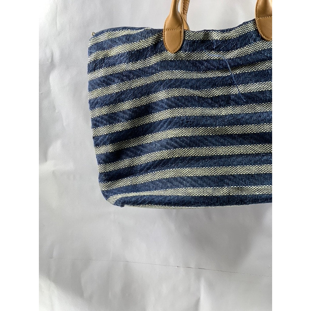 H&M Women's Blue-White Straw Woven Striped Shoulder Bag