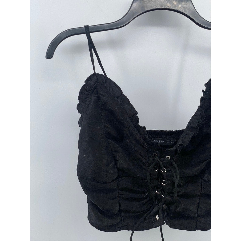SHEIN Women's Black Ruffle-Trim Spaghetti Strap Cropped Lace-Up Top SZ 4