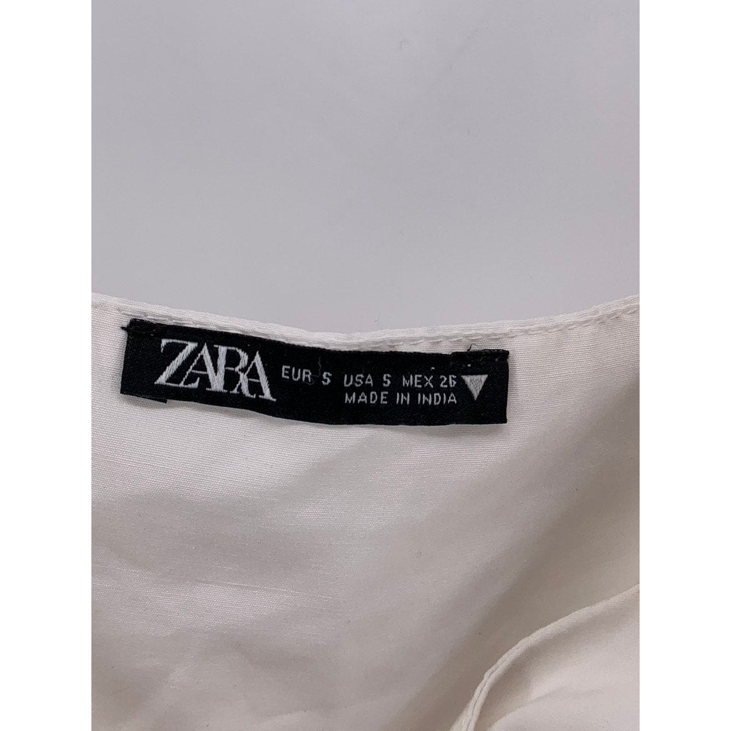ZARA Women’s White Pleated Ruffle Sleeve Cinched Bust Cropped Top SZ S