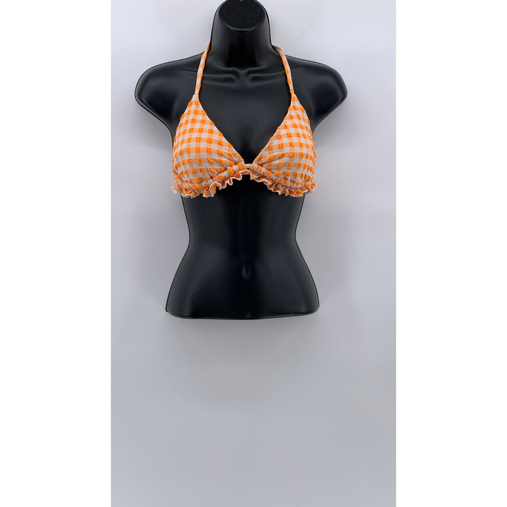 WILD FABLE Women's Orange-White Gingham Triangle Ruffle-Trim Bikini Top SZ S