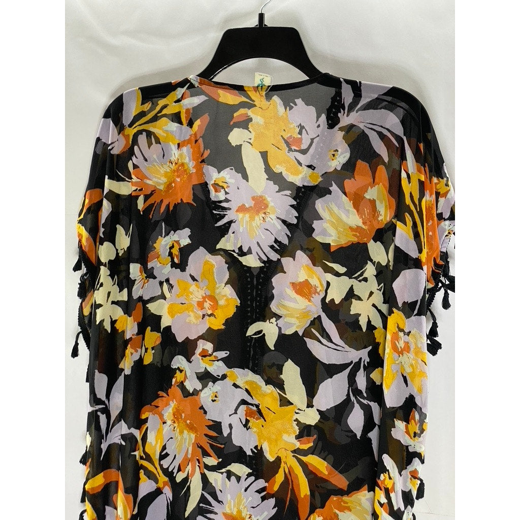 SEA ANGEL Women's Black Floral Sheer Crochet-Trim Fringe Over Shirt SZ M