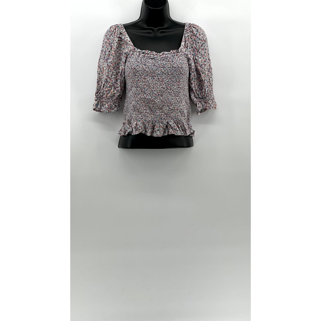 GAP Women's Pink-Blue Floral Straight-Neck Puff Elbow Sleeve Smocked Top SZ S