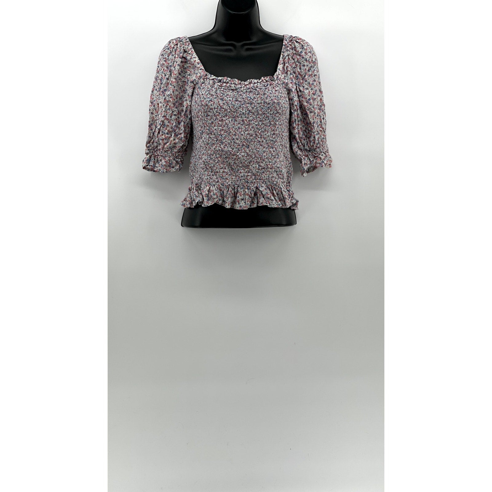 GAP Women's Pink-Blue Floral Straight-Neck Puff Elbow Sleeve Smocked Top SZ S