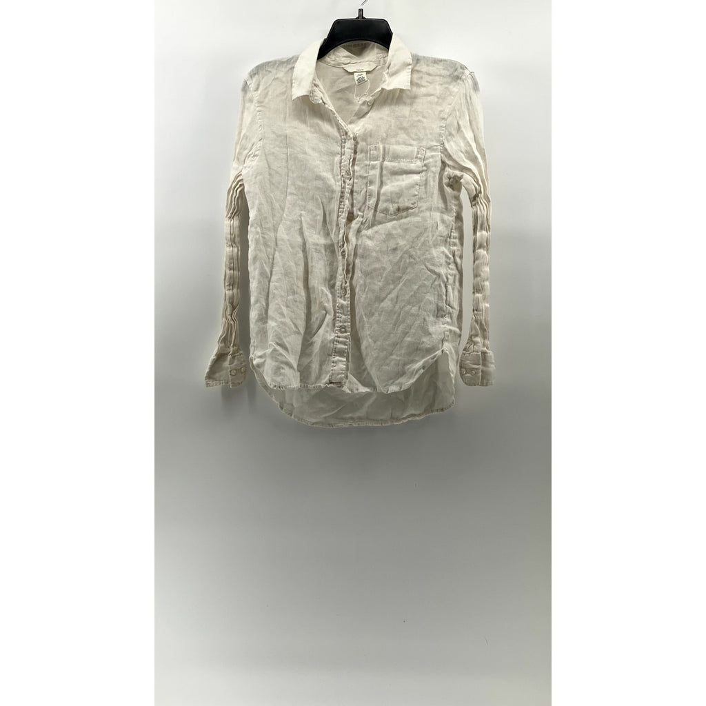 H&M Women’s White Regular Fit Linen Button-Up Long Sleeve Top SZ XS